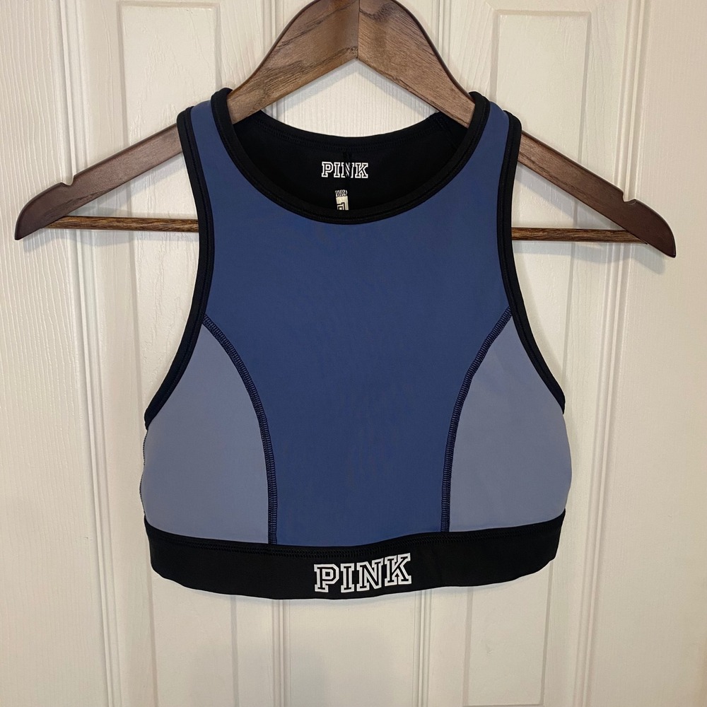 PINK‎ Victoria's Secret  Sports Bra Small Blue Colorblock High Neck Racerback